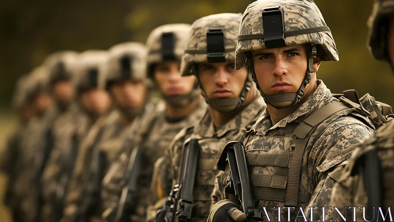 Steel-eyed soldiers stand in sharp autumn-field formation.