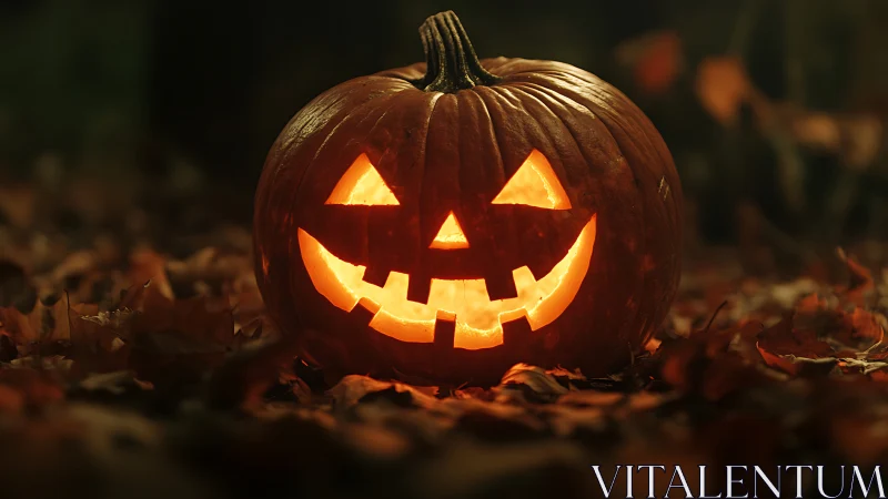 Grinning jack o lantern glows over rustling autumn leaves.