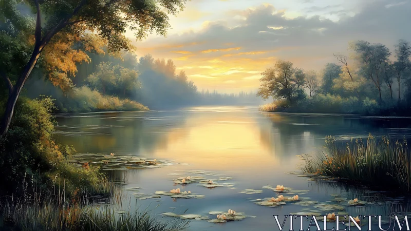 Dawnlight drifts across a misty lily lake of quiet gold.