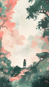 Solitary figure on forest path near shrine in misty valley.