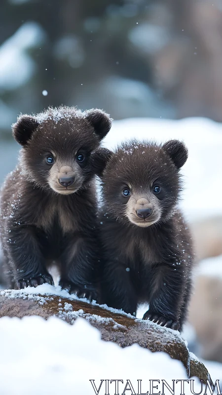 Two curious bear cubs standing on snowy log outdoors.
