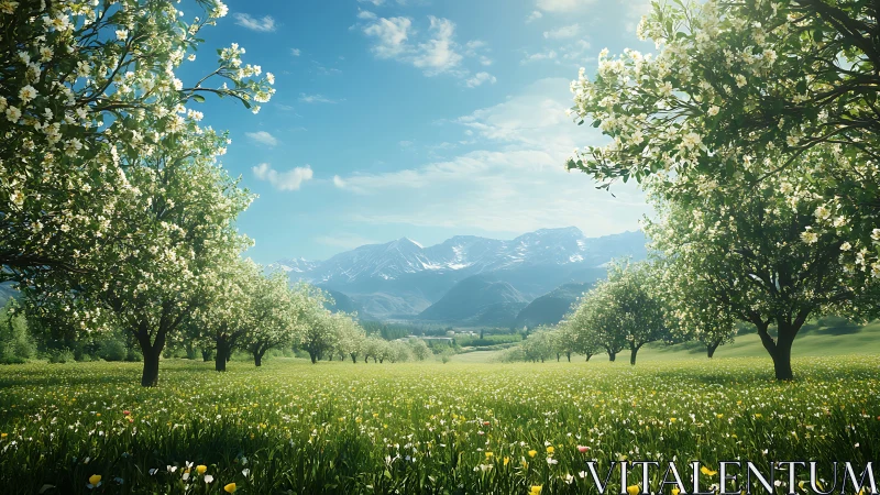 Orchard trees in bloom across valley meadow with mountains.