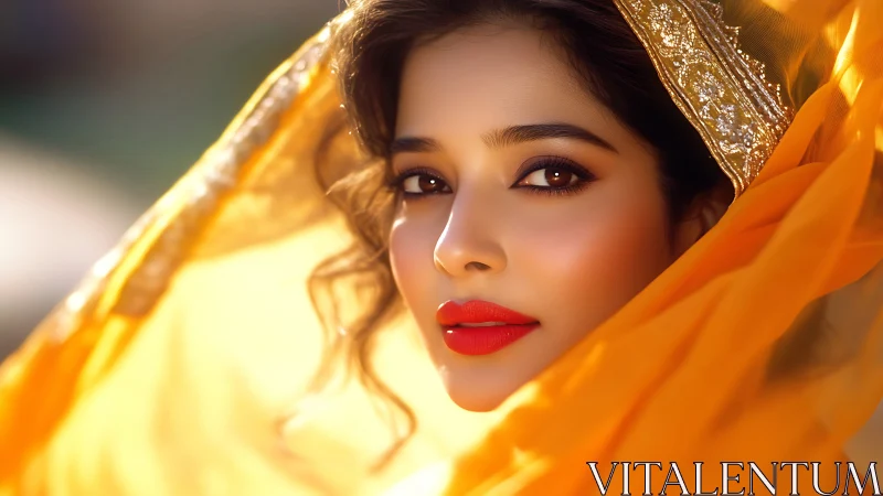 Elegant Woman in Golden Yellow Sari with Radiant Makeup, Soft Focus.