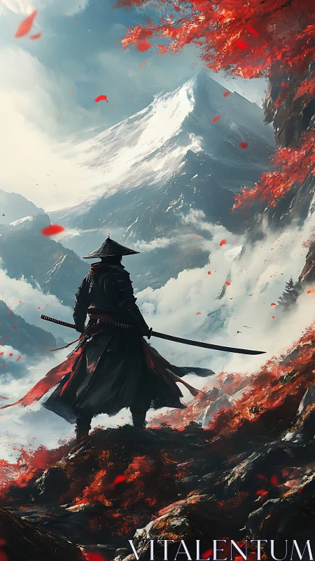 Lone wanderer gazes toward a misty, snow crowned peak.