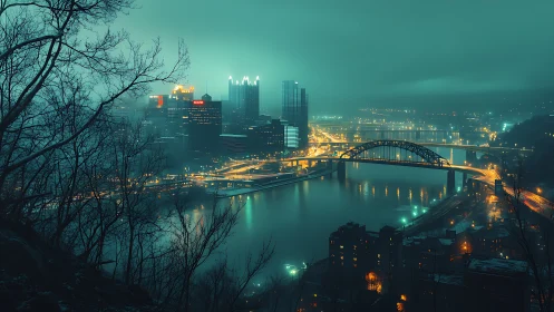 Foggy teal city skyline overlooks river bridges at night