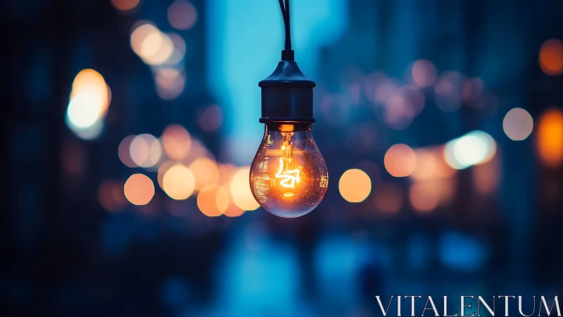 Single incandescent bulb hangs against an urban dusk backdrop