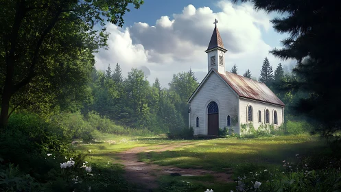 Sunlit rural chapel rendered with soft volumetric forest lighting