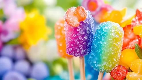 Rainbow Gem Lollipops Frost. Crystalline confections sparkle against blooming backdrop.