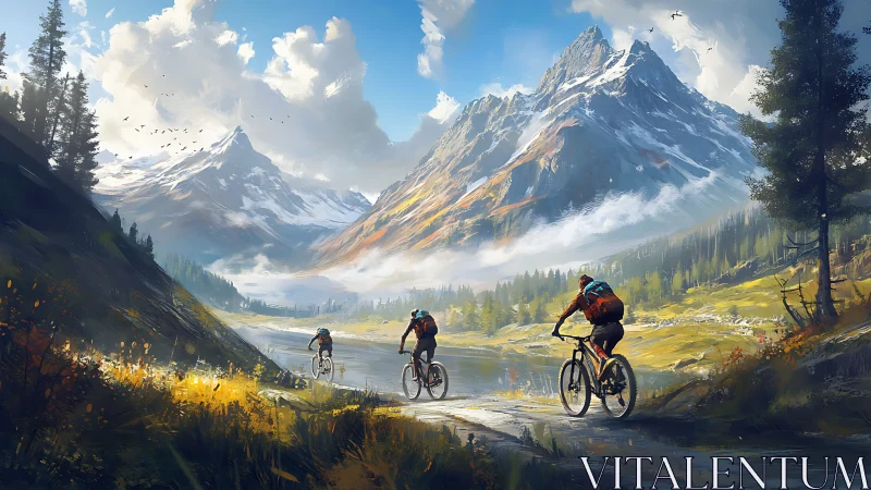 Alpine Valley Cycling: Mountain Landscape Digital Painting.