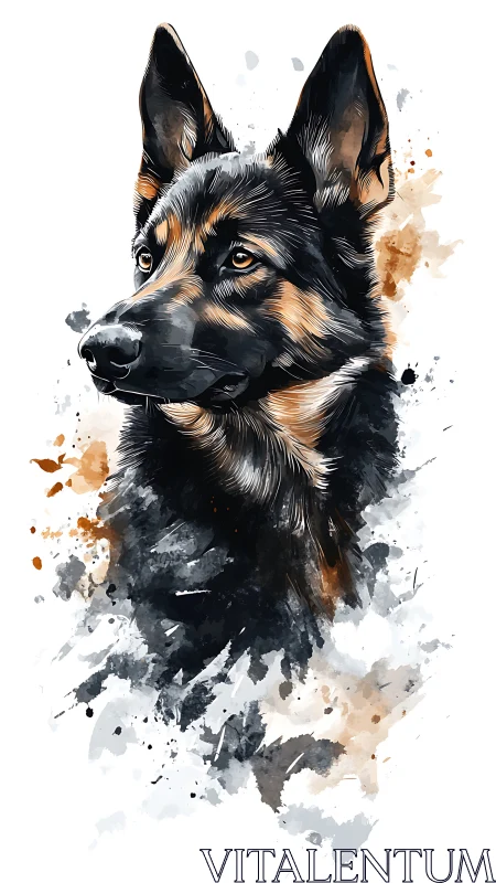 Expressive German Shepherd portrait in loose watercolor splashes