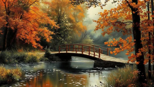 Digital painting of autumn bridge across reflective woodland stream.