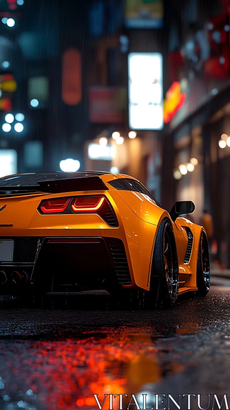 Orange supercar on wet neon city street at night.