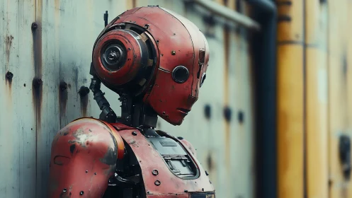 Rust-red robot resting quietly against worn metal wall.