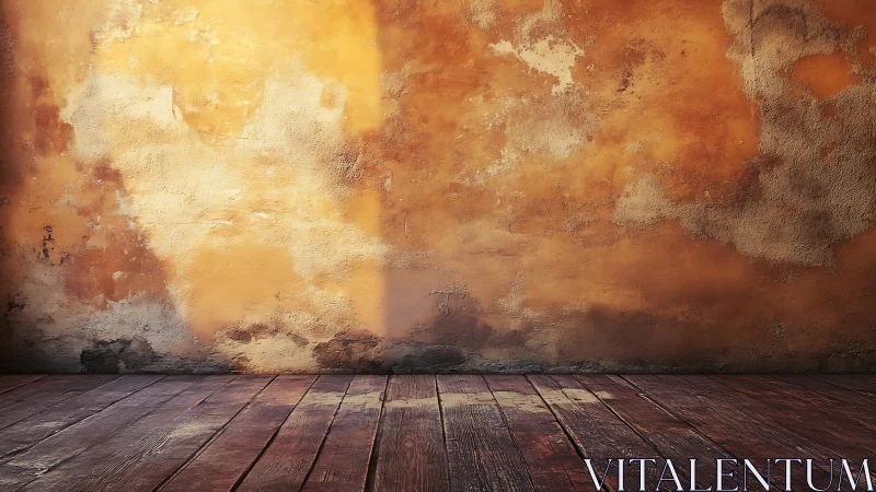 Sunlit rusted plaster wall quietly crowns a worn timber floor