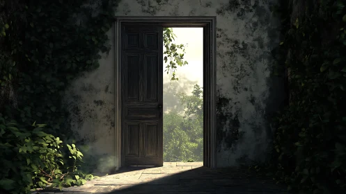 Weathered doorway opening onto dense green forest scene.