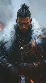 Warrior figure stands in fur-lined cloak holding a sword