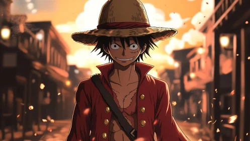 Straw-hatted adventurer smiles boldly in a glowing street