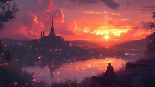 Person observing riverside city skyline at vivid sunset.