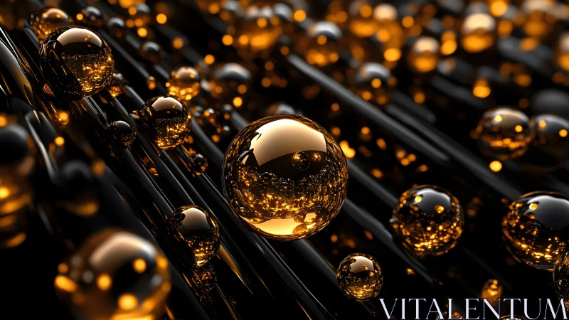 Golden reflective spheres on dark rods in close macro view.