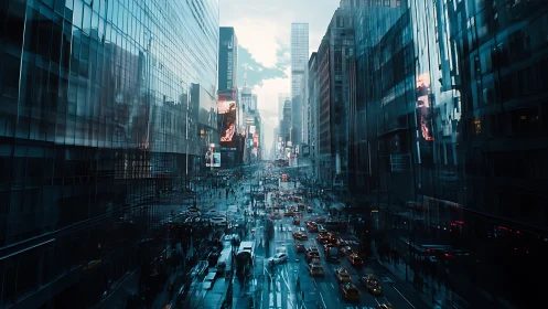 Urban avenue shows dense traffic between reflective towers