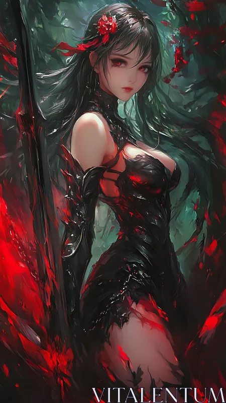 Dark forest warrior glows with crimson magic and quiet power