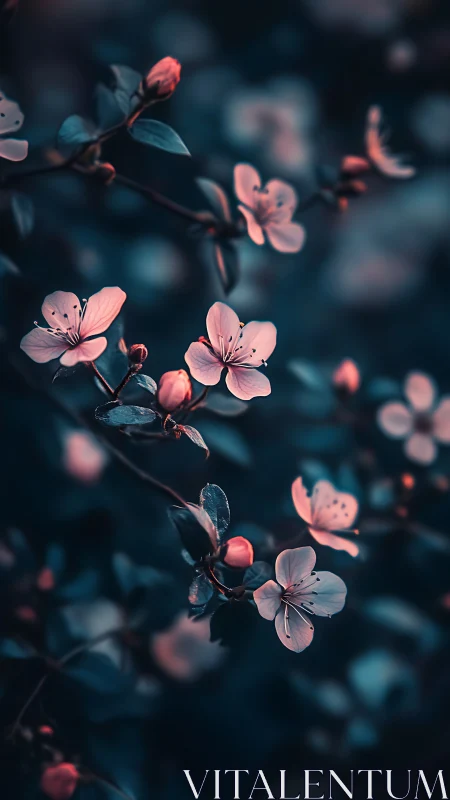 Soft Pink Blossoms Against Dark Blue Foliage.