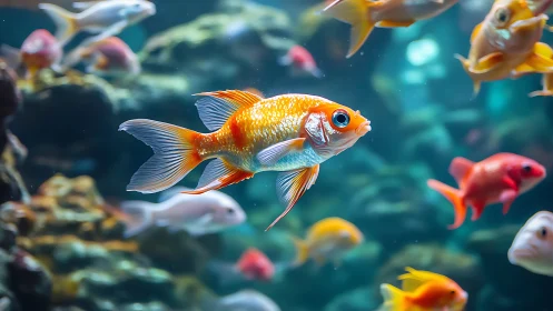 Goldfish swimming in clear aquarium water with rocks.