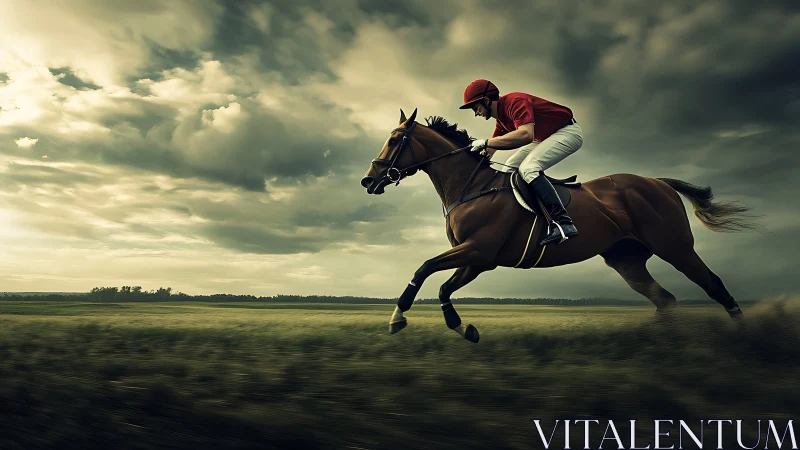 Horse and jockey sprint across open field under storm clouds