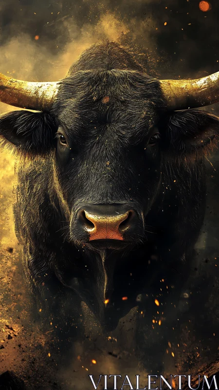 Charging black bull rendered in dramatic photorealistic detail