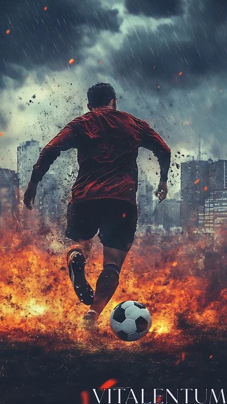 Soccer player running through fire on stormy urban field.