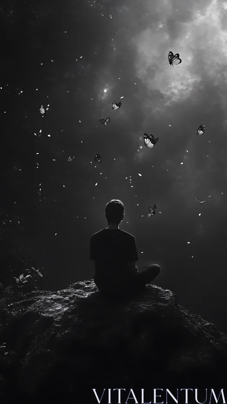 Quiet rockside daydream with butterflies and soft shadows.