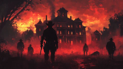 Cowboy silhouettes crossing a blazing frontier night.