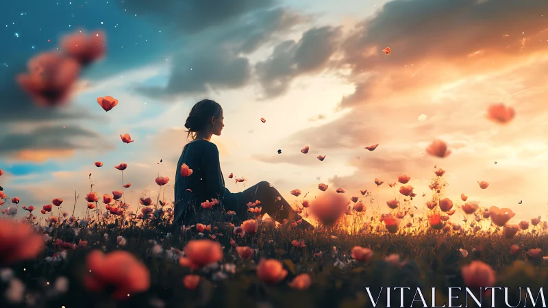 Twilight poppies cradle a lone dreamer between day and night