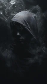 Smoke-veiled stranger leans from darkness in hush of gray