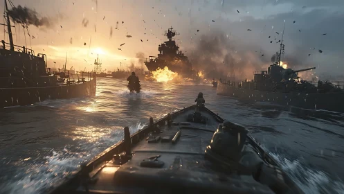 Kinetic naval assault at dusk with cinematic fluid dynamics.