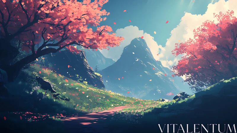 Mountain valley path passes under pink blossoming trees