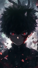 Dark-haired anime antihero with glowing red demon eyes.