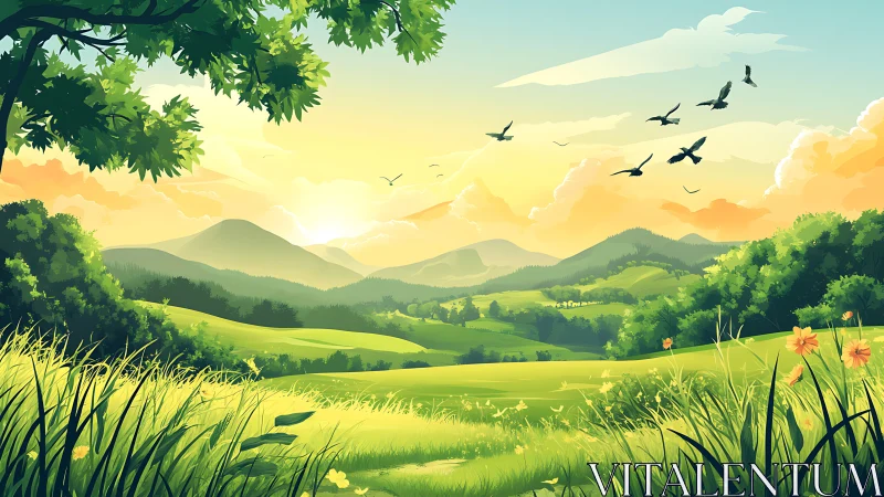 Layered sunlit valley landscape uses atmospheric depth cues precisely