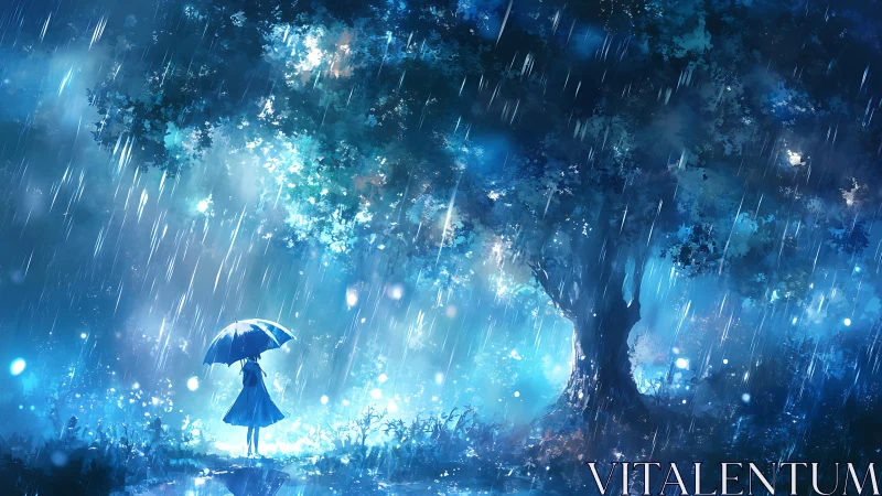 Atmospheric anime nightscape with luminous rainfall composition.
