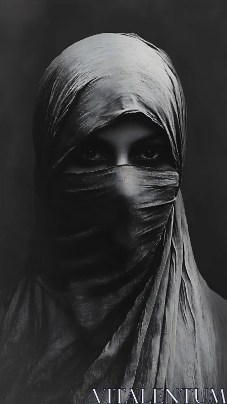 Veiled gaze in charcoal dusk, where silence sharpens light.