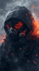 Hooded gas mask figure with fiery eyes amid smoke and embers.
