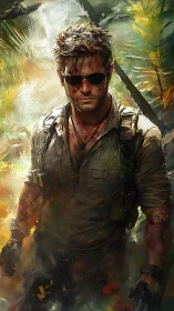 Sunburnt jungle mercenary stalking through painted chaos.