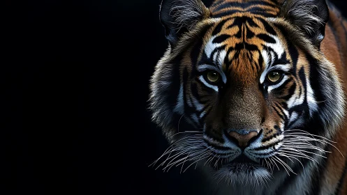 Tiger head study on black background in frontal close view.