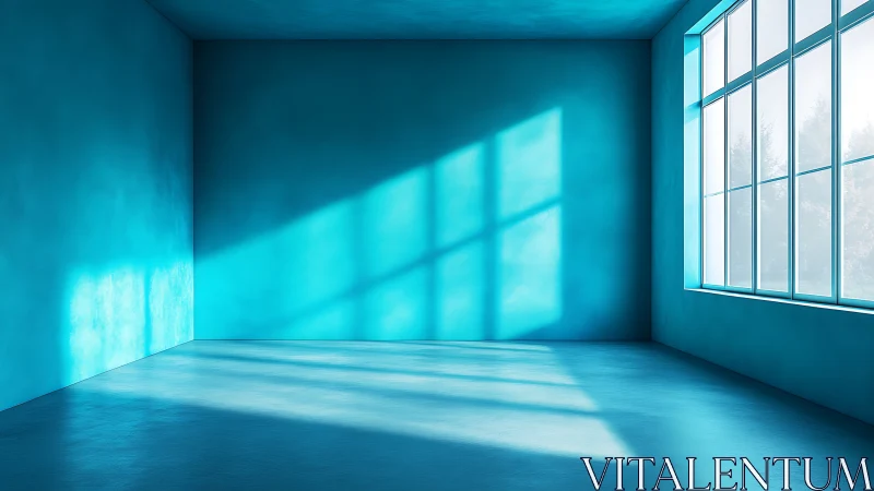 Minimalist cyan room interior with long window light shadows.