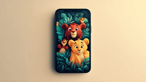 Stylized lion family wallpaper rendered on modern smartphone display