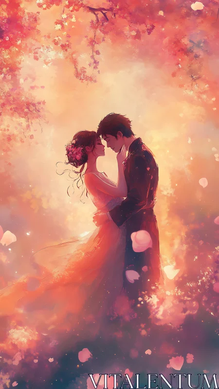 Romantic Couple Silhouettes Against Luminescent Floral Particles