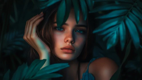 Portrait of a young woman framed by dense tropical foliage