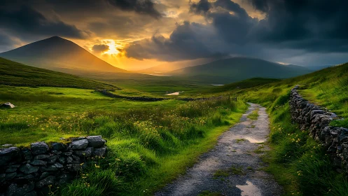 Stormlit valley road under dramatic sunset over hills.