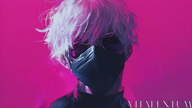 Masked neon-haired figure in vivid magenta glow portrait.