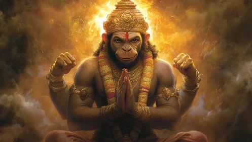 Four-armed anthropomorphic monkey figure sits in prayer